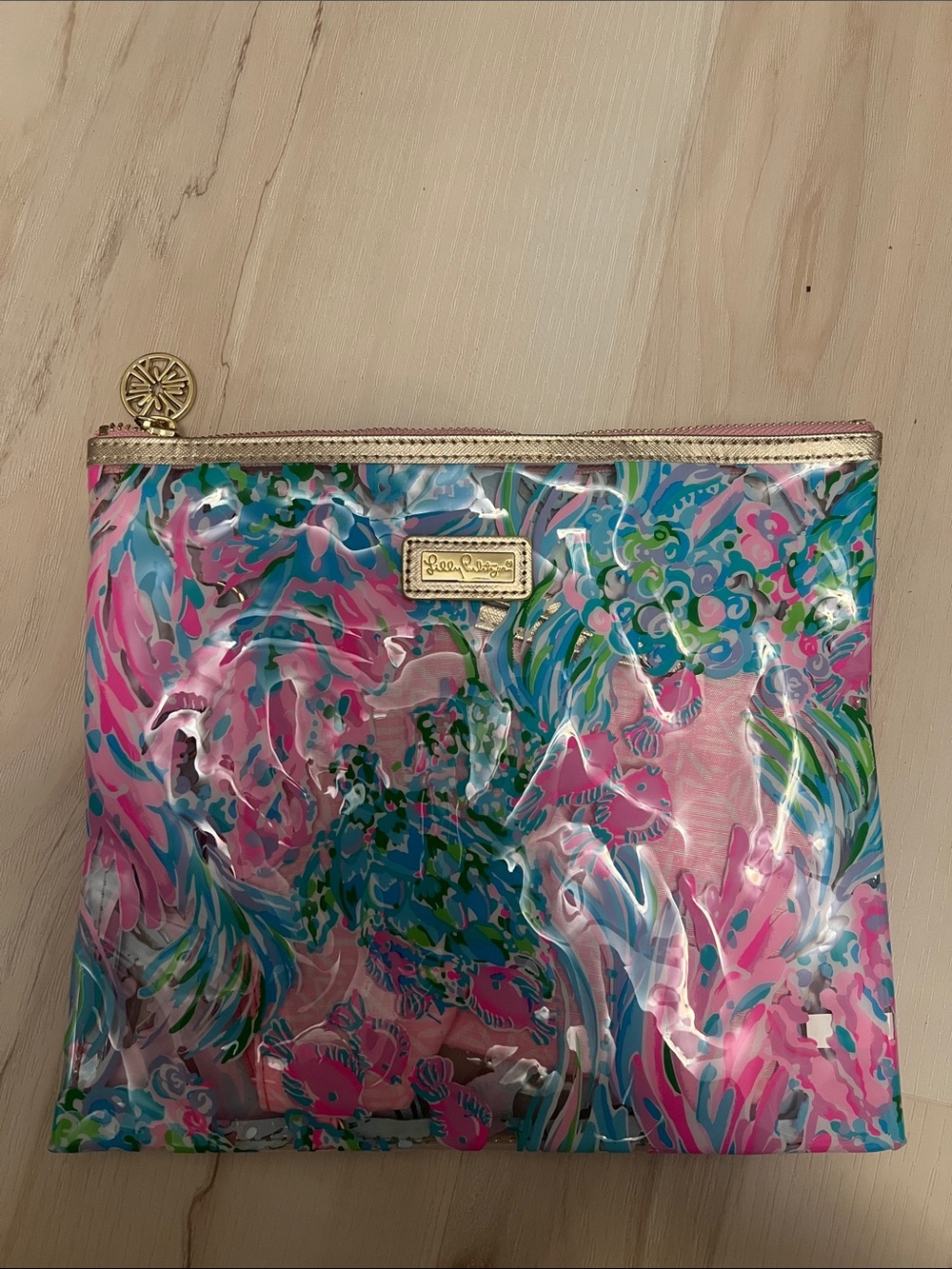 Lilly Pulitzer Pink Blue Green Floral PVC Cosmetic Pouch with Gold Trim